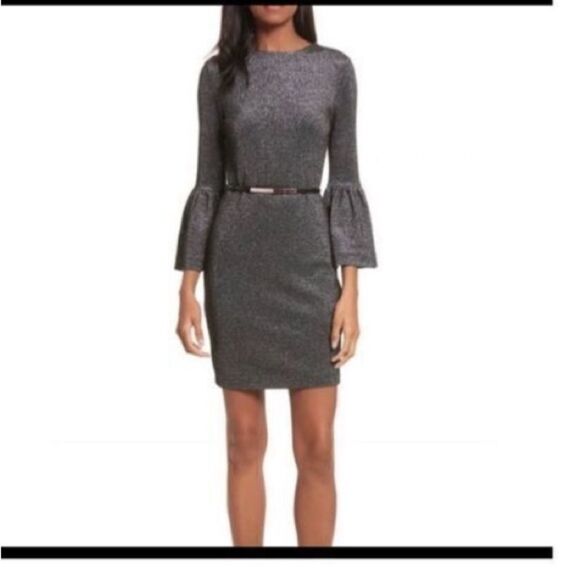 Ted Baker Women’s Size 2 Hannah Bell Sleeve Mini Dress Grey Sparkle Metallic - Picture 11 of 15